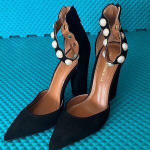 SHOE REPUBLIC LA Block Faux Suede Heels With Embellished Pearls | 6.5
